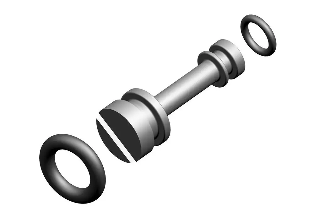 Bosch Spindel, bestehend aus einem zylindrischen Körper mit zwei Dichtungsringen und einem verjüngten Ende, das für mechanische Anwendungen konzipiert ist.